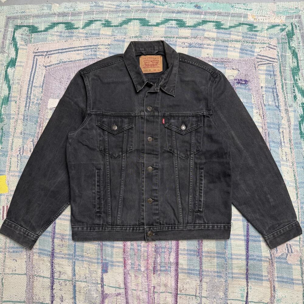 VTG Levis Denim Trucker Jacket Mens L Yarn Dyed Black Double Pocket 70503 02